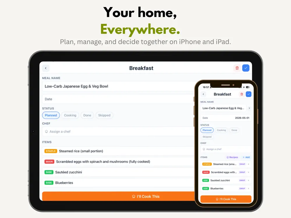 Home Brain meal planning on iPad and iPhone