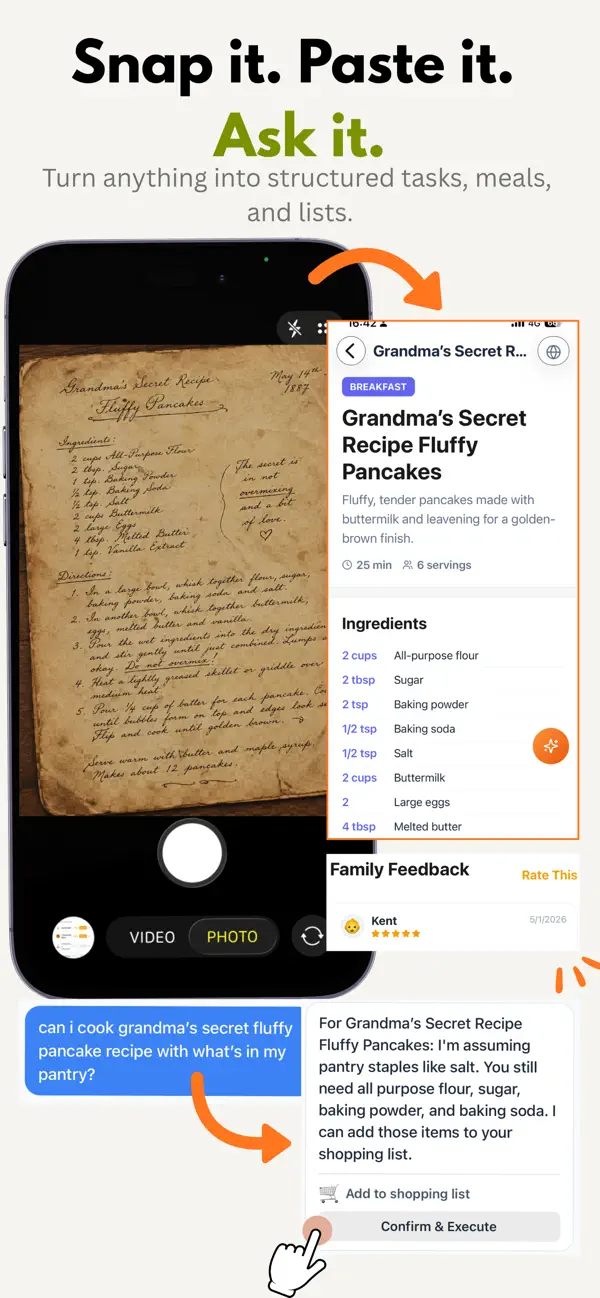A handwritten recipe captured and structured by Home Brain