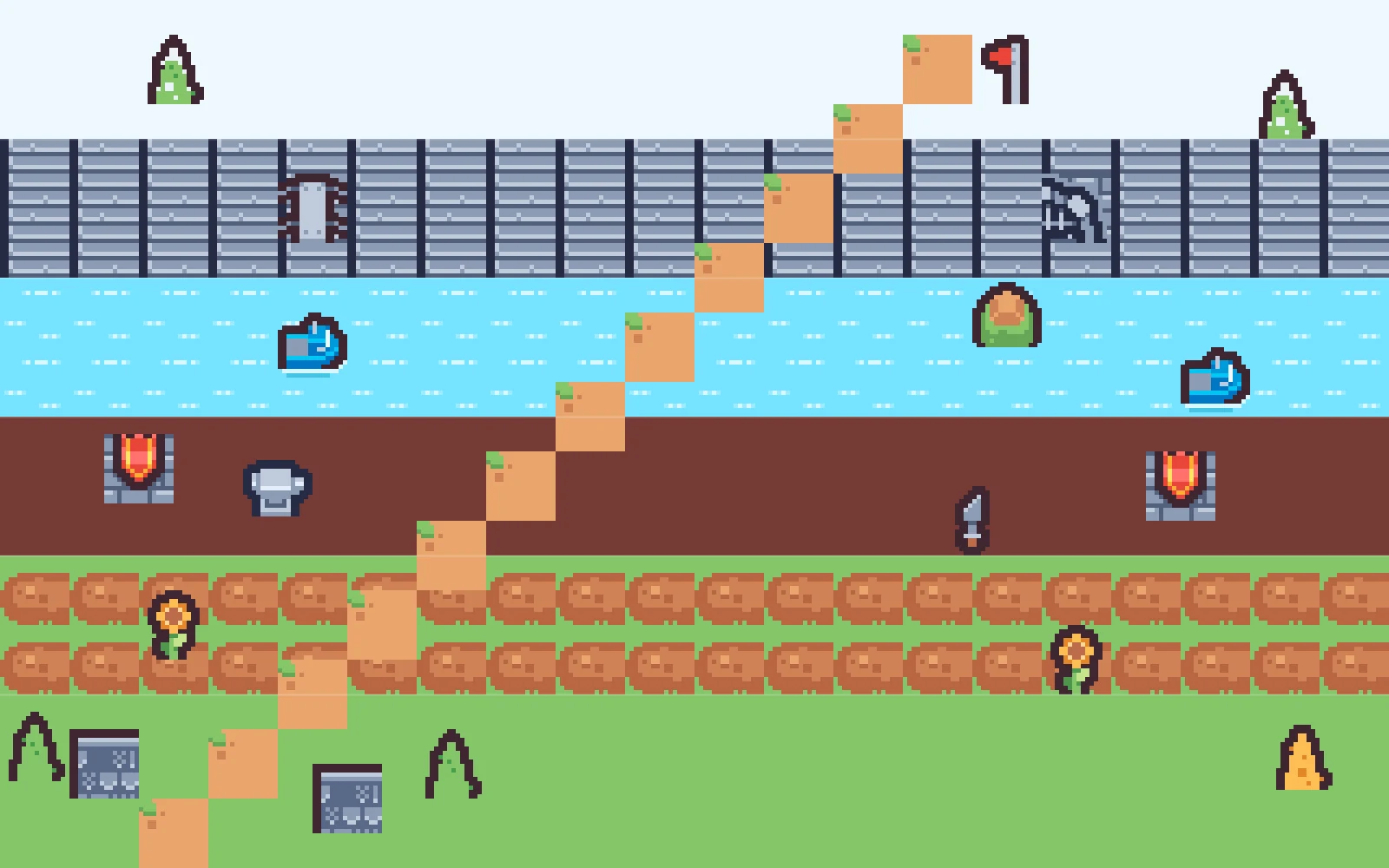 A pixel-art learning landscape made from the same terrain and landmark tiles used in ML Quest