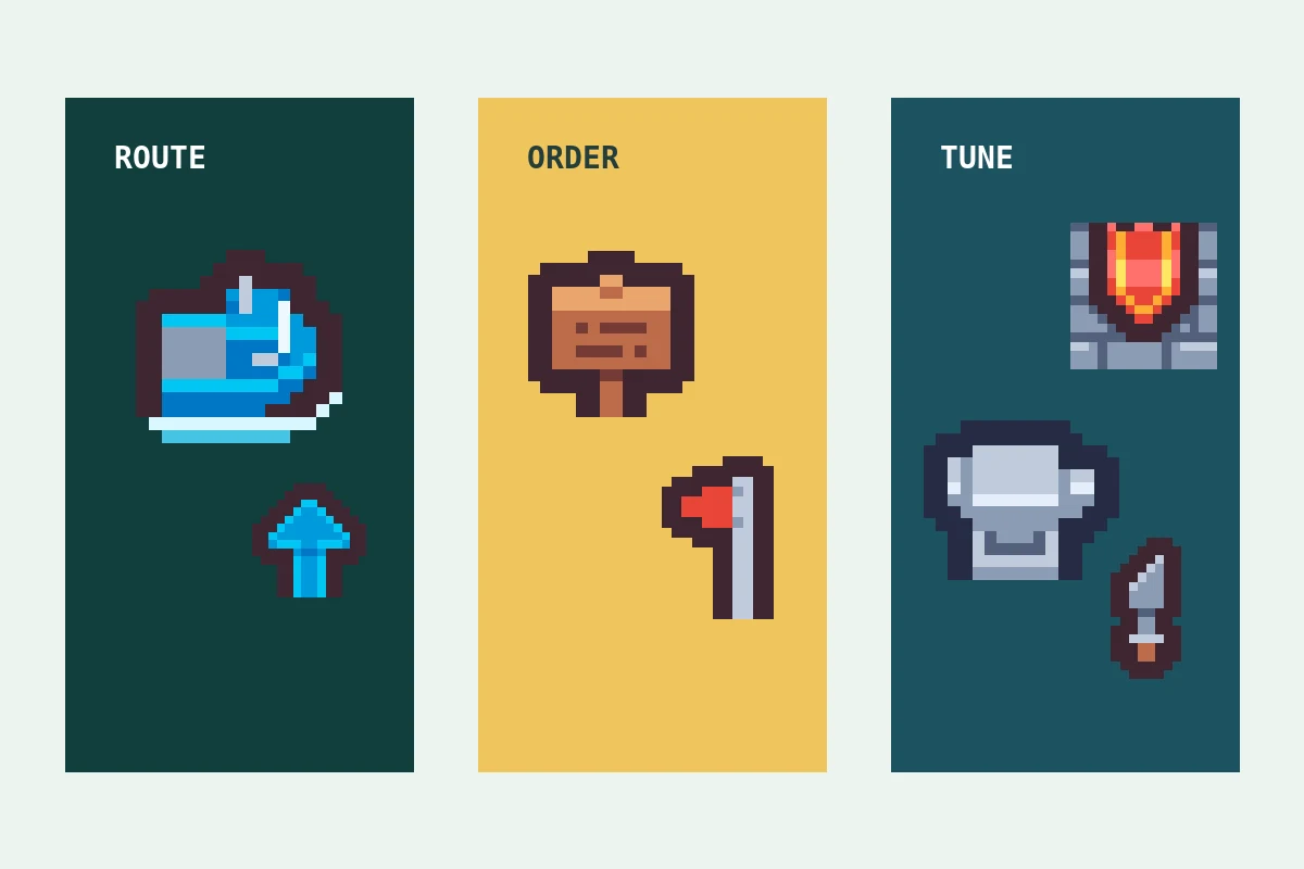 ML Quest pixel pieces for routing a ship, ordering a route, and tuning at a forge