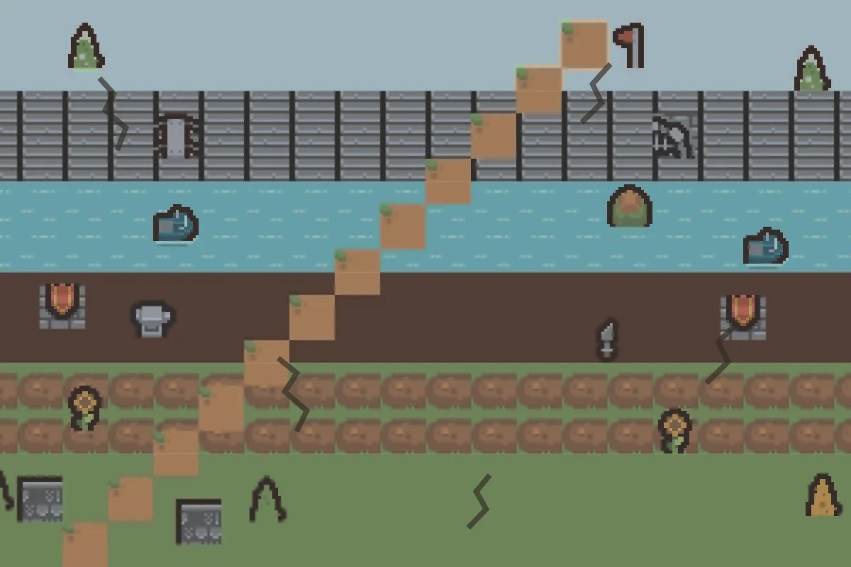 The same pixel landscape dimmed and cracked to show knowledge ready for review