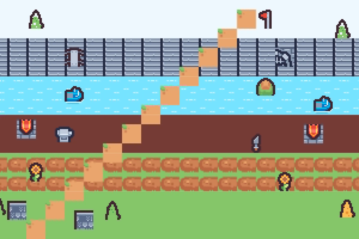 A bright pixel landscape with a clear road through learning regions